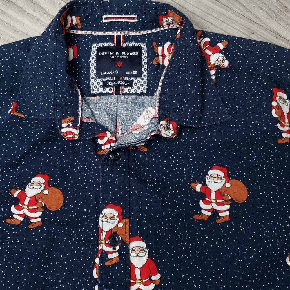 Denim & Flower Christmas Shirt By Ricky Singh Sz S Santa Claus Long Sleeve